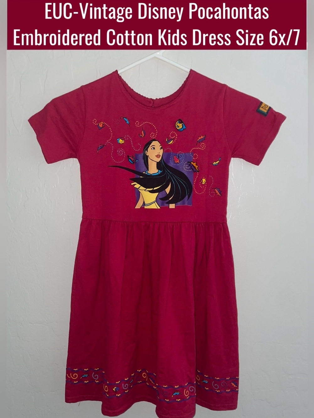 EUC-Vintage Disney Pocahontas Embroidered Cotton Kids Dress Size 6x/7